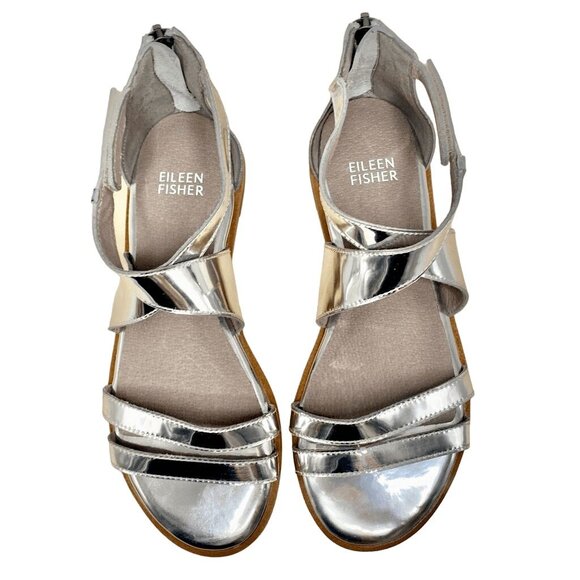 Eileen Fisher Leather Cici Flat Sandal Metallic Mirrored Silver Size 5 NEW! - Picture 2 of 11